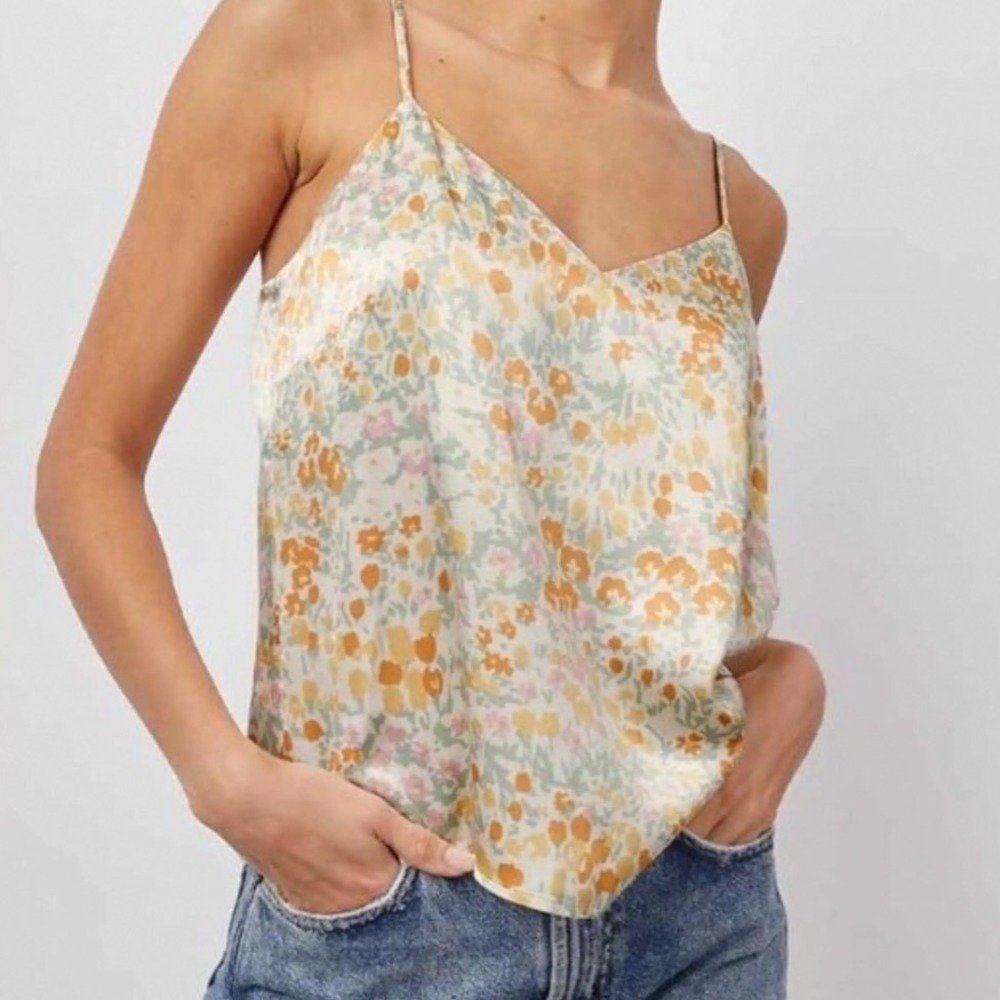Rails Paola Summer Meadow Floral Satin Cami Top V-Neck Yellow Pink Large NWT